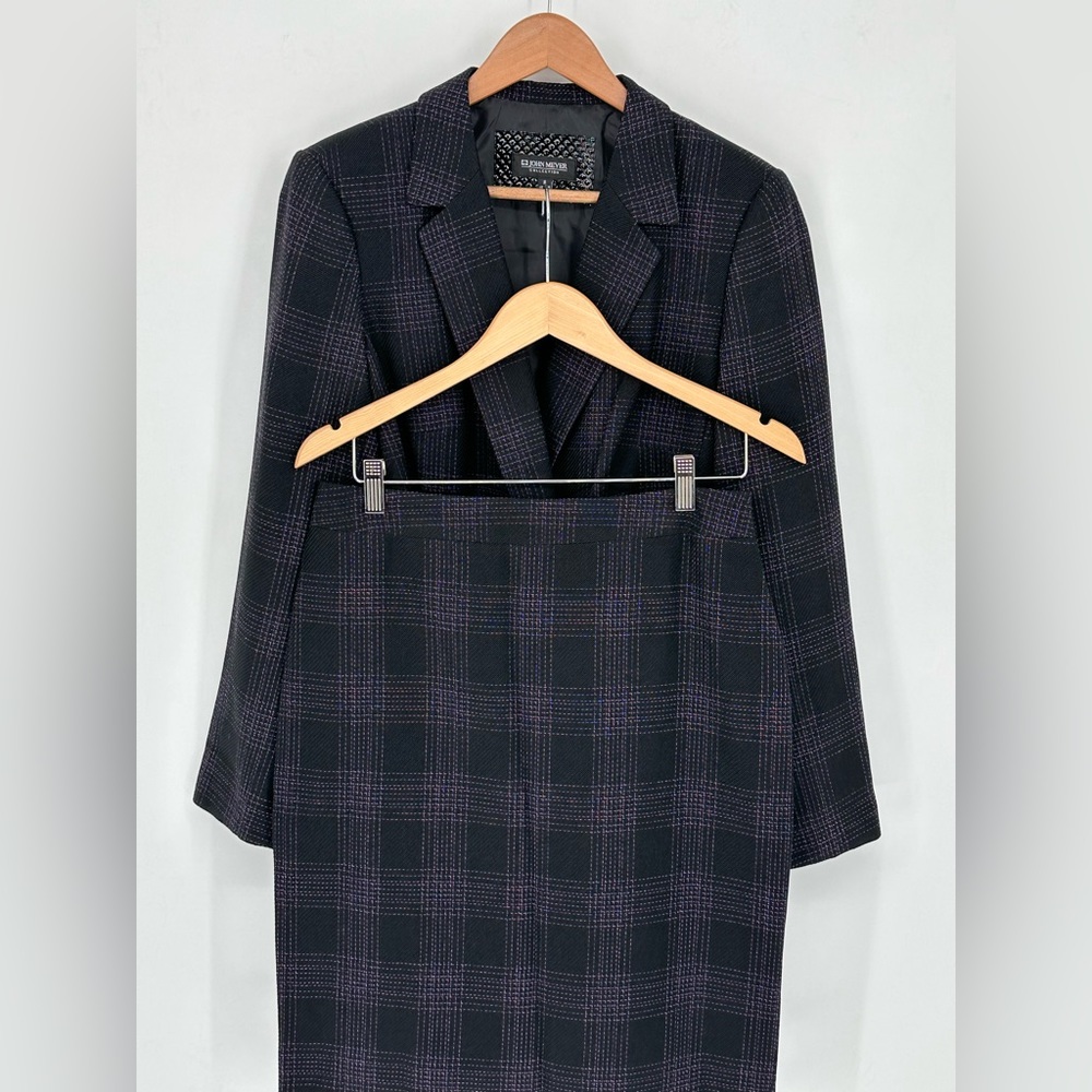 John Meyer Women’s Belted Skirt Suit Black Purple Plaid Sz 8 Fully Lined S6